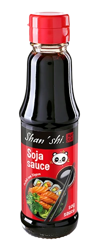 Sójová omáčka Shan’shi, fľaša s červeným uzáverom a etiketou.